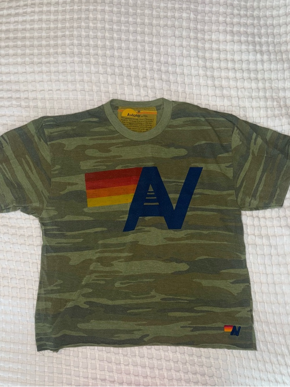Aviator Nation Olive Camo Tee with Navy AV and Red-Orange-Yellow Stripe